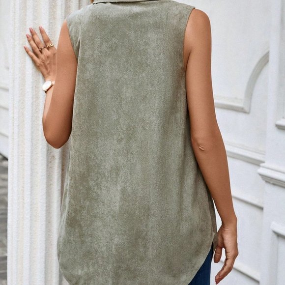 Army Green Casual Womens Flap Pocket Button Front Vest Coat - Picture 2 of 5